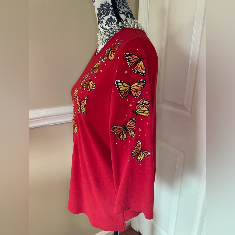 Quacker Factory Fall Splendor butterfly over shoulder & Front, size Small - Picture 3 of 9